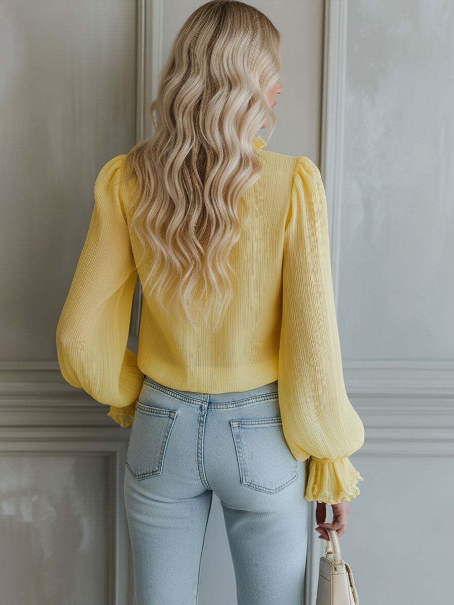 V-neck Chiffon Single-breasted Long-sleeved Shirt