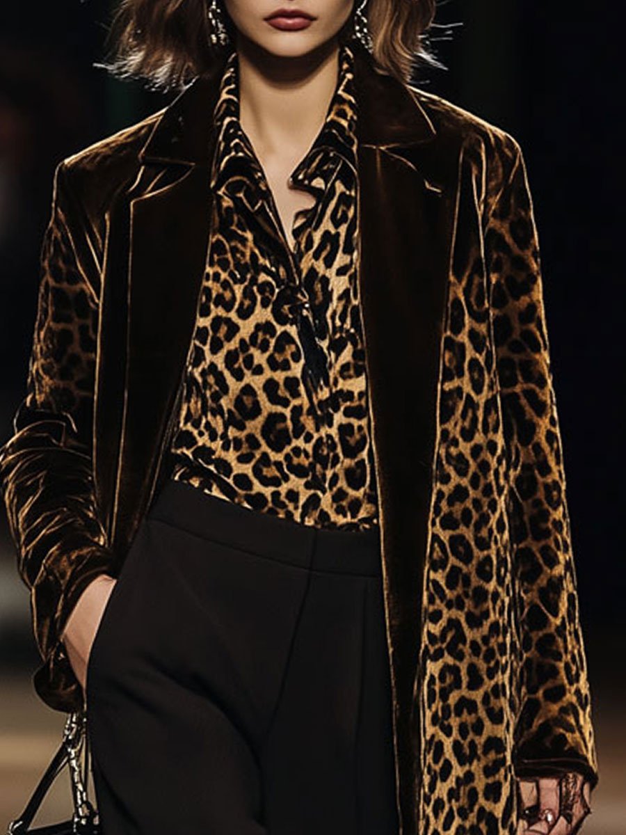 【24-hour shipping out】Casual Loose Vintage Velvet Leopard Print Colorblock Lapel Coat
