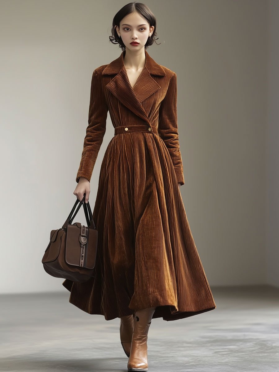 【24-hour shipping out】Casual Loose Vintage Corduroy Lapel Long Sleeve Maxi Dress