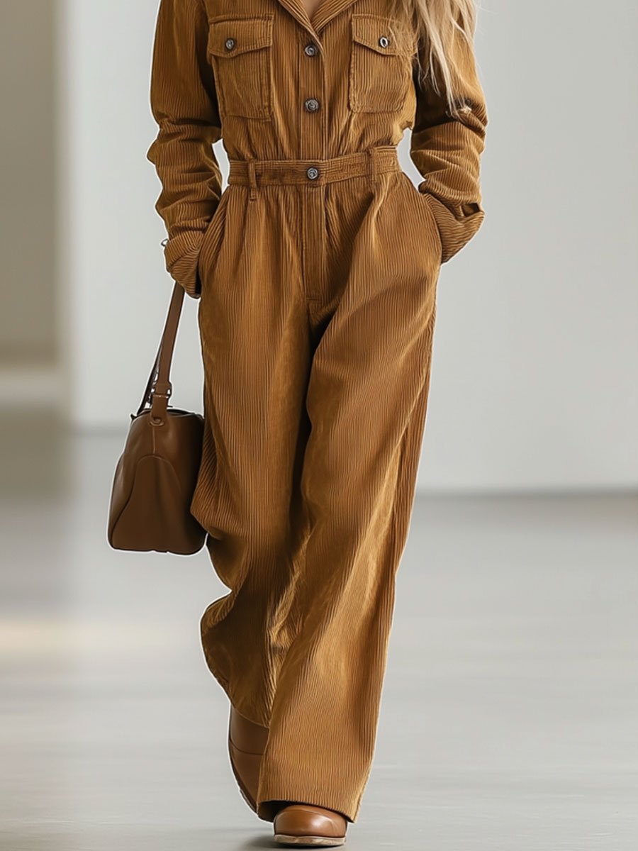【24-hour shipping out】Casual Loose Retro Corduroy Multi-Pocket Long Sleeve Jumpsuit