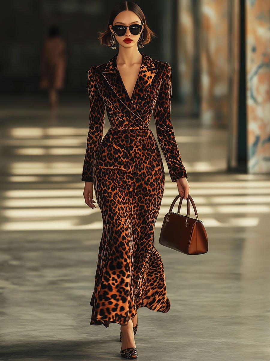【24-hour shipping out】Casual Retro Lapel Long Sleeve Velvet Leopard Print Fishtail Maxi Dress