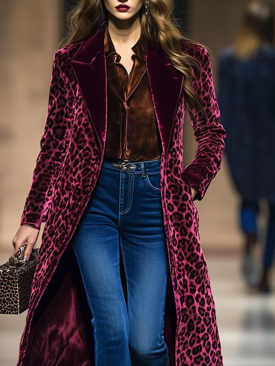 Casual Loose Vintage Velvet Leopard Print Colorblock Lapel Coat