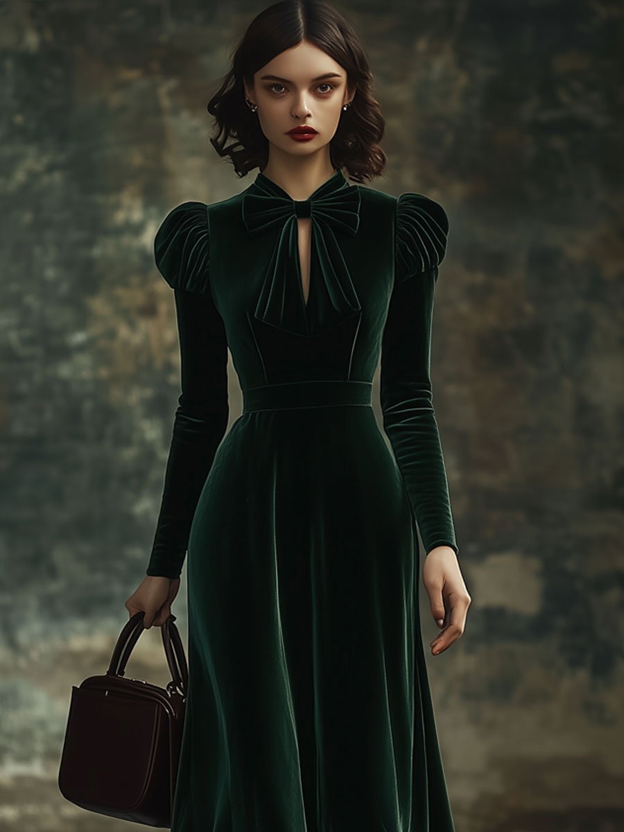 【24-hour shipping out】Fashion Party Solid Color Velvet Stand Collar Bowknot Long Sleeve Maxi Dress