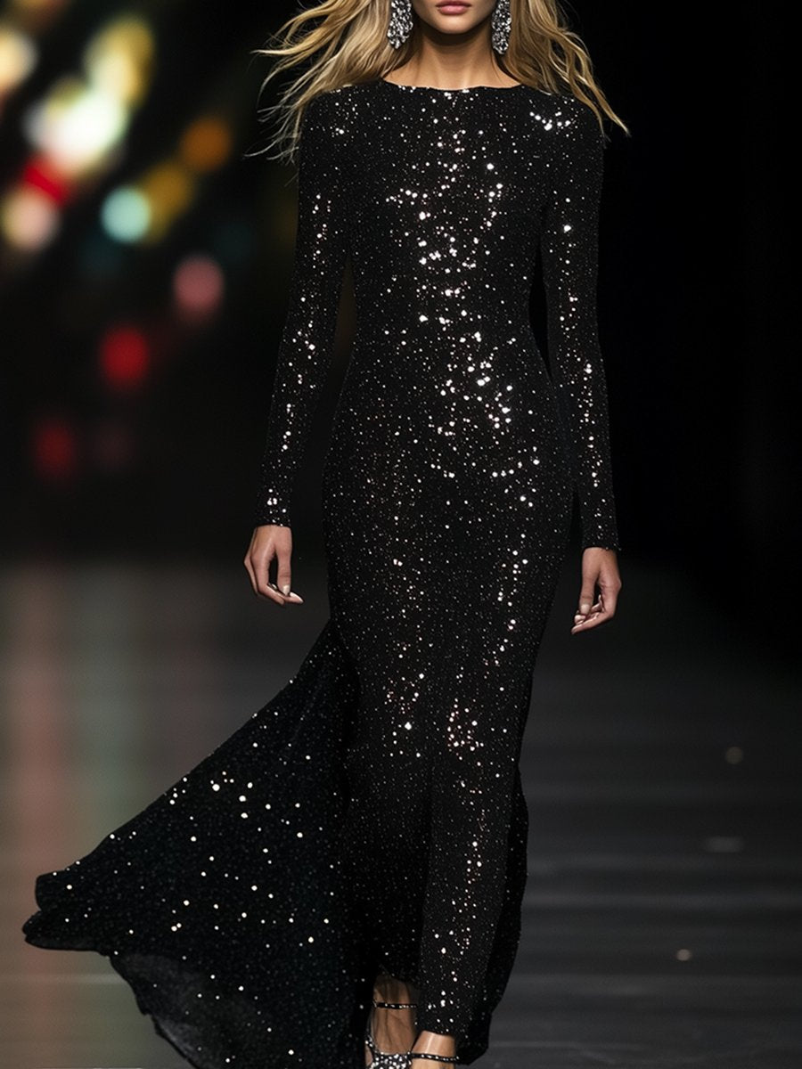 【24-hour shipping out】High-End Luxury Temperament Slim Heavy Sequined Maxi Dress