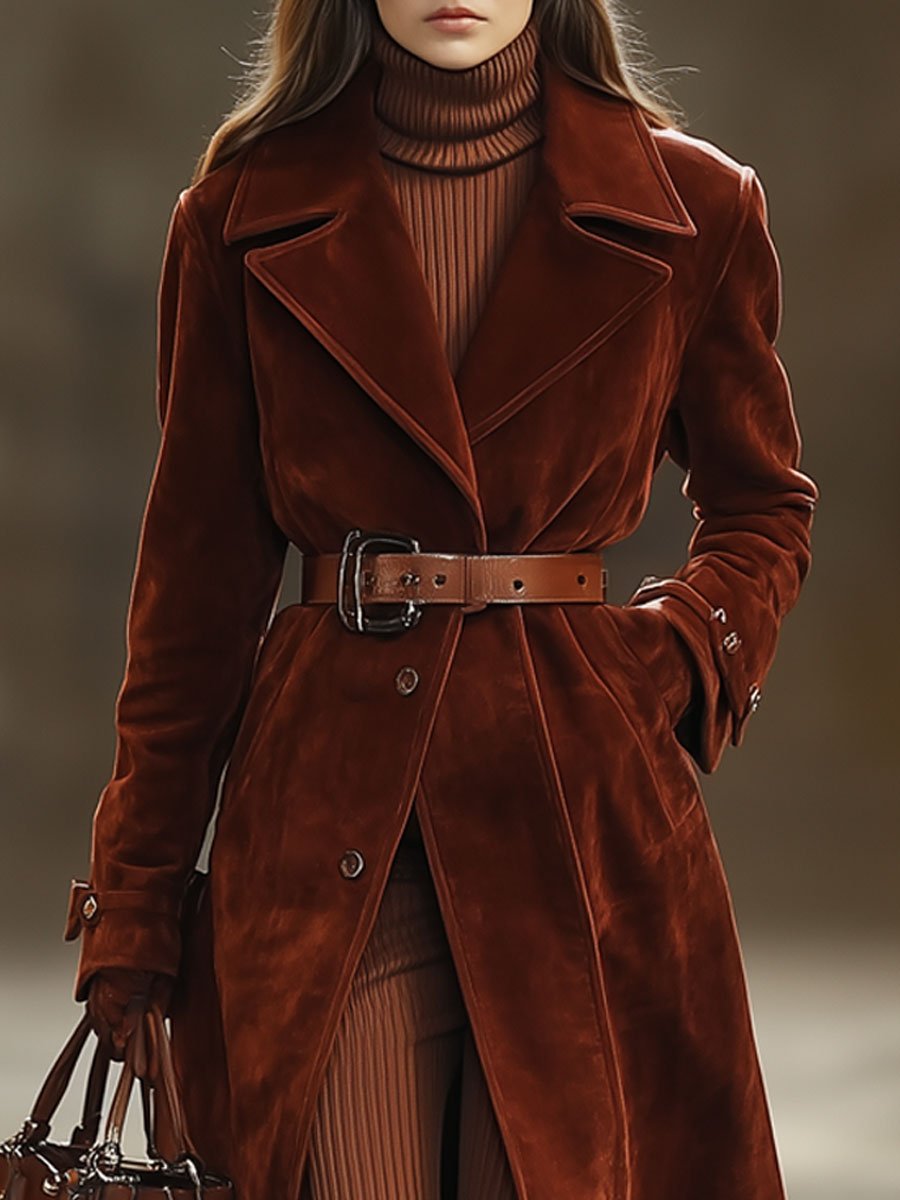 【24-hour shipping out】Casual Loose Vintage Angora Red Suede Pocket Lapel Extra Long Coat