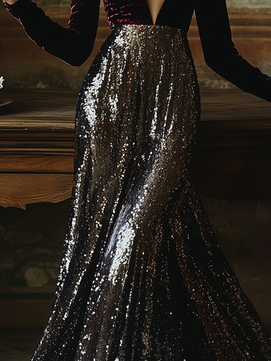 【24-hour shipping out】V-Neck Stylish Elegant Solid Color Velvet Sequined Long Maxi Dress