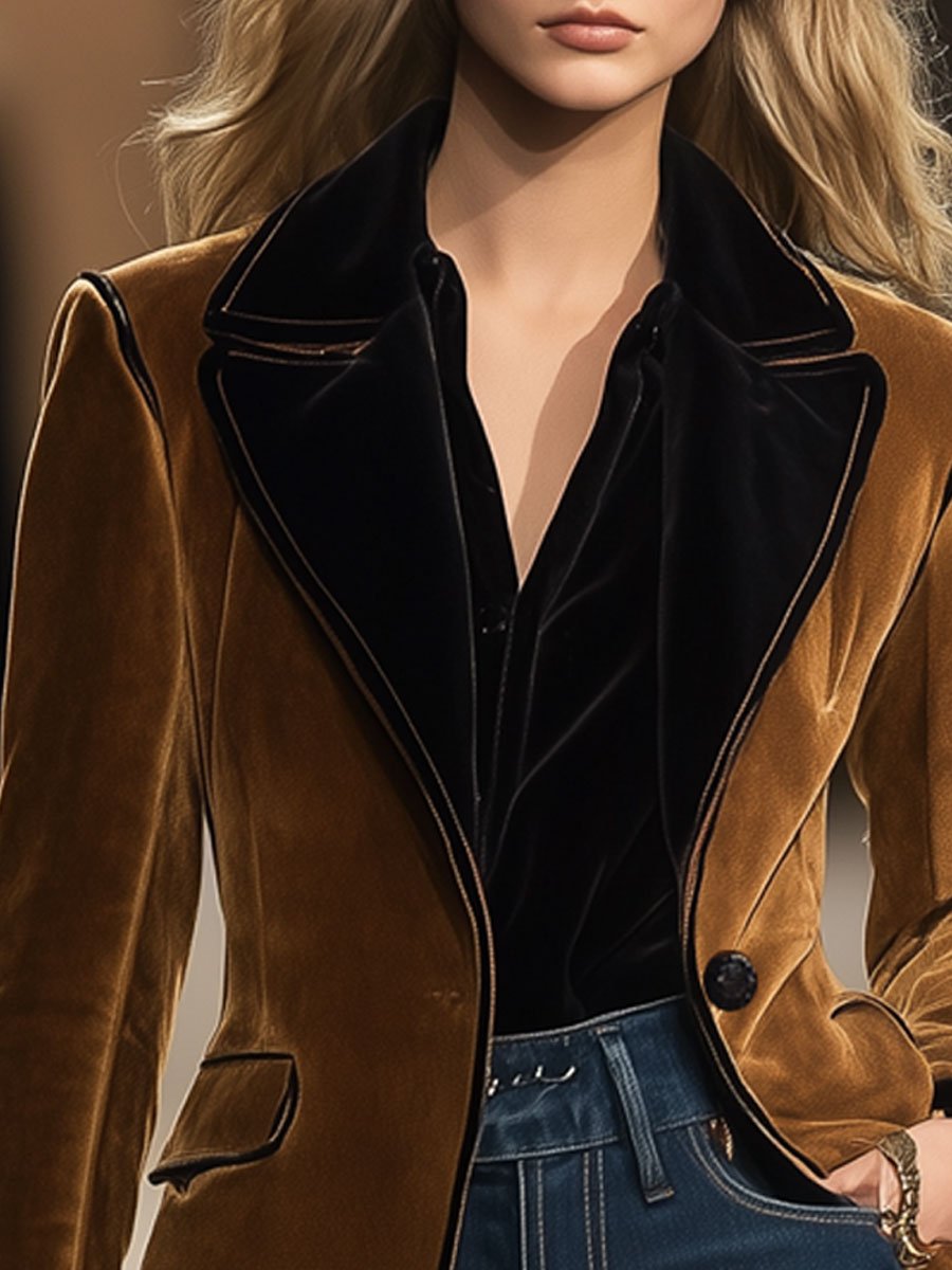 【24-hour shipping out】Casual Loose Vintage Suede Colorblock Lapel Pocket Blazer
