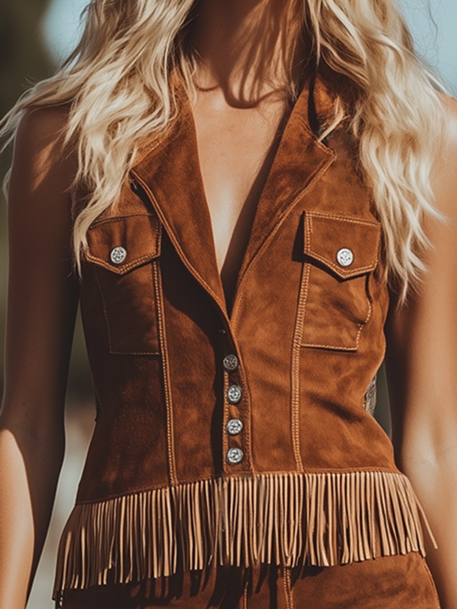 【24-hour shipping out】Vintage Western Style Tassel Brown Suede Vest Shorts Set