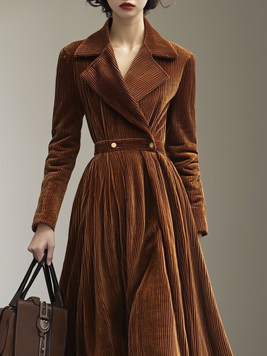 【24-hour shipping out】Casual Loose Vintage Corduroy Lapel Long Sleeve Maxi Dress