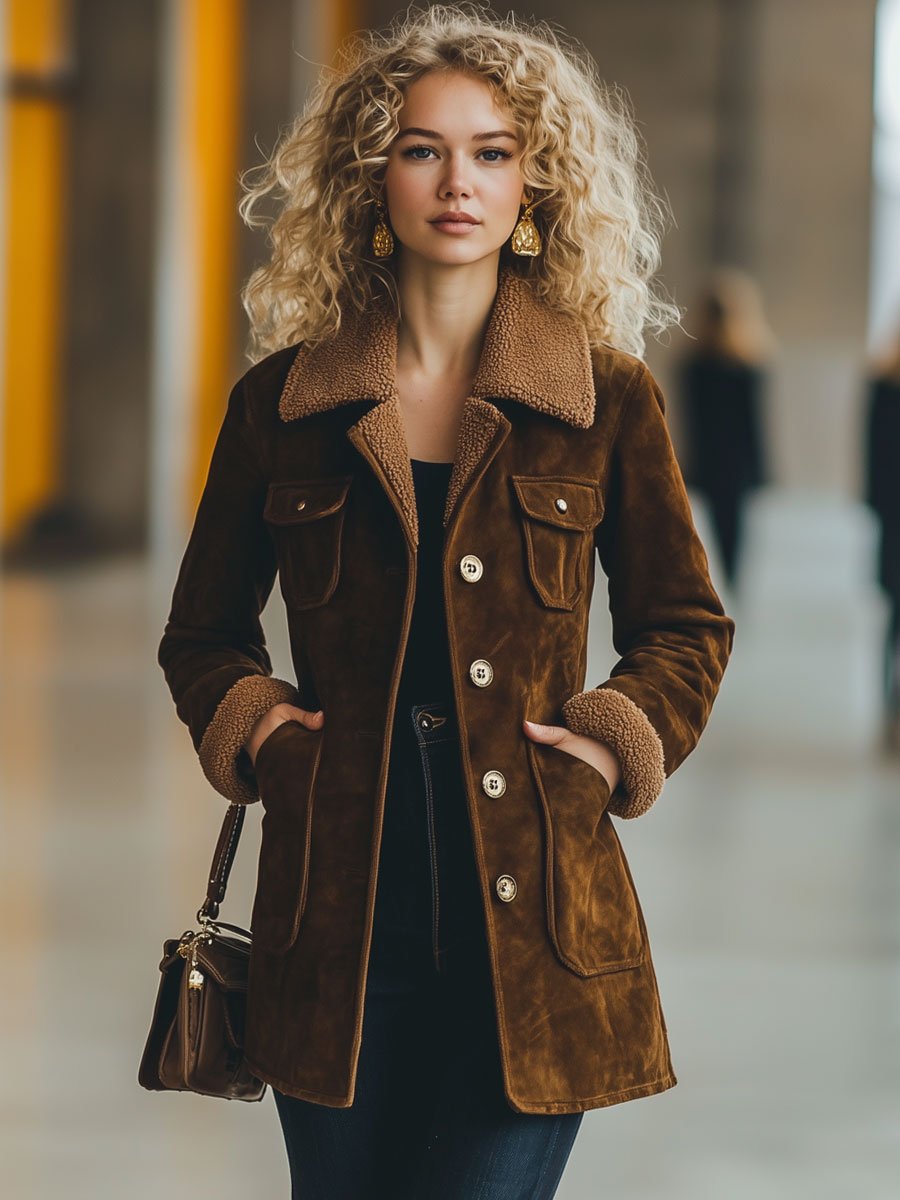 【24-hour shipping out】Casual Loose Retro Suede Lamb Wool Patchwork Multi-Pocket Coat