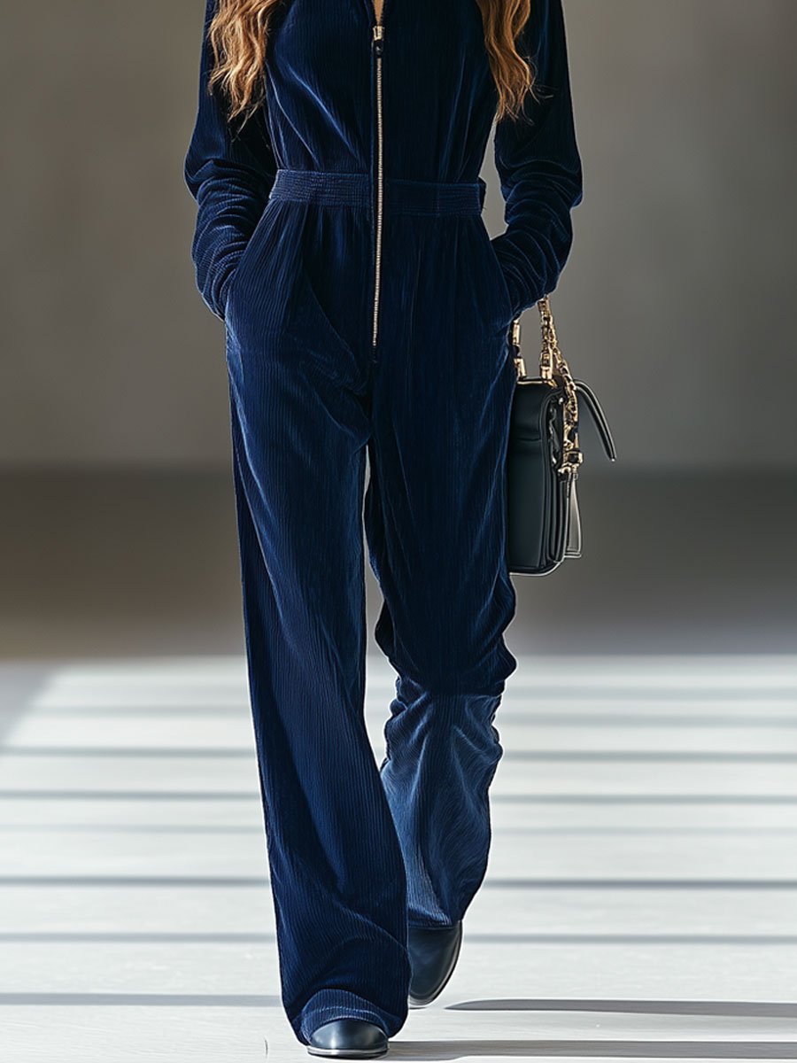 【24-hour shipping out】Casual Loose Vintage Corduroy Elastic Waist Zipper Jumpsuit