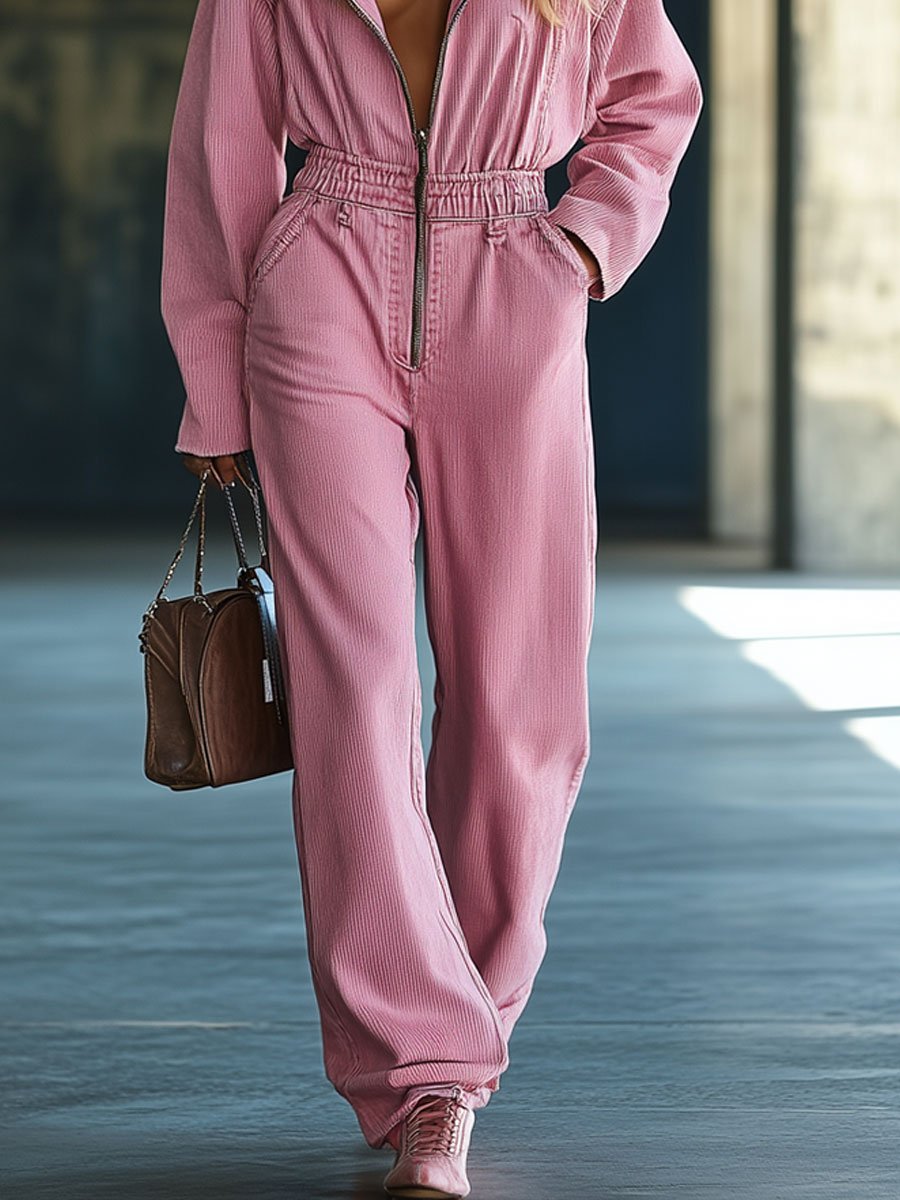 【24-hour shipping】Casual Loose Retro Solid Color Corduroy Zipper Hooded Jumpsuit