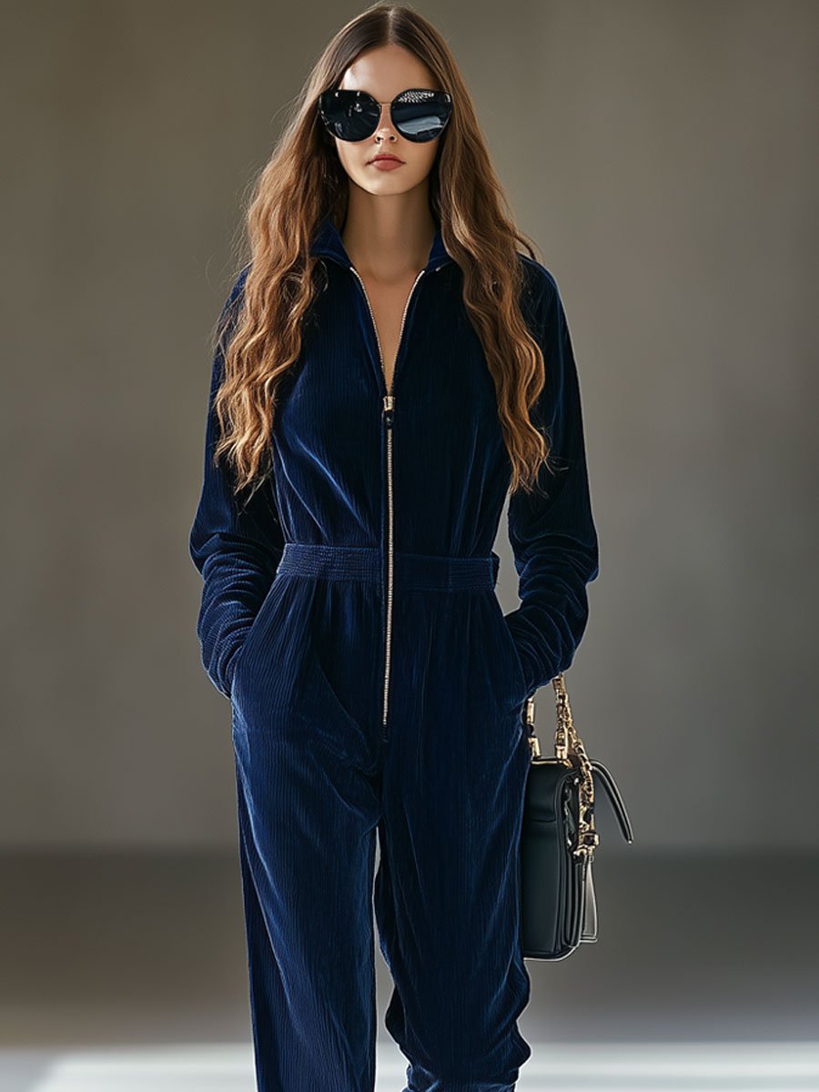 【24-hour shipping out】Casual Loose Vintage Corduroy Elastic Waist Zipper Jumpsuit