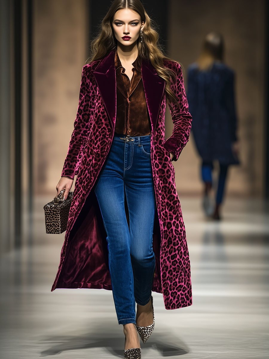 Casual Loose Vintage Velvet Leopard Print Colorblock Lapel Coat