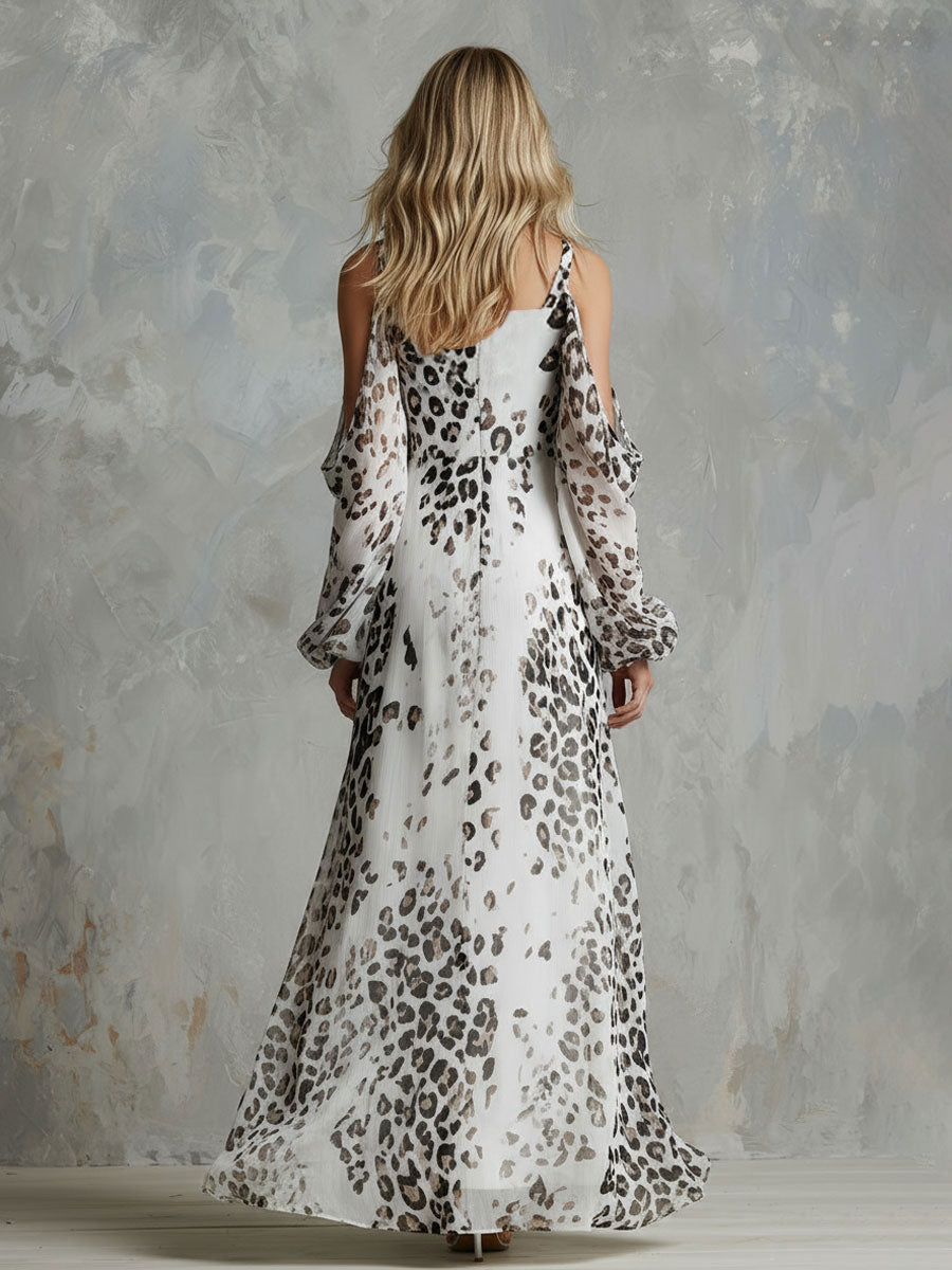 V-neck Off-the-shoulder Leopard Print Chiffon Long-sleeved Maxi Dress