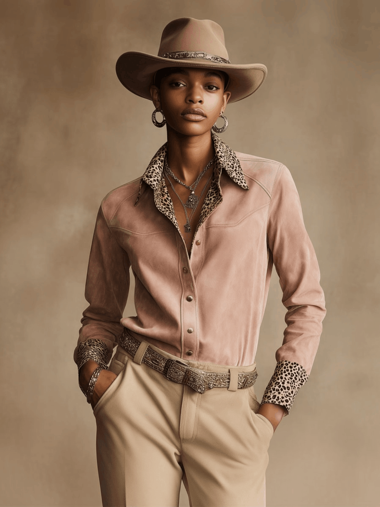 Western Retro Leopard Print Pink Faux Suede Long-Sleeve Shirt