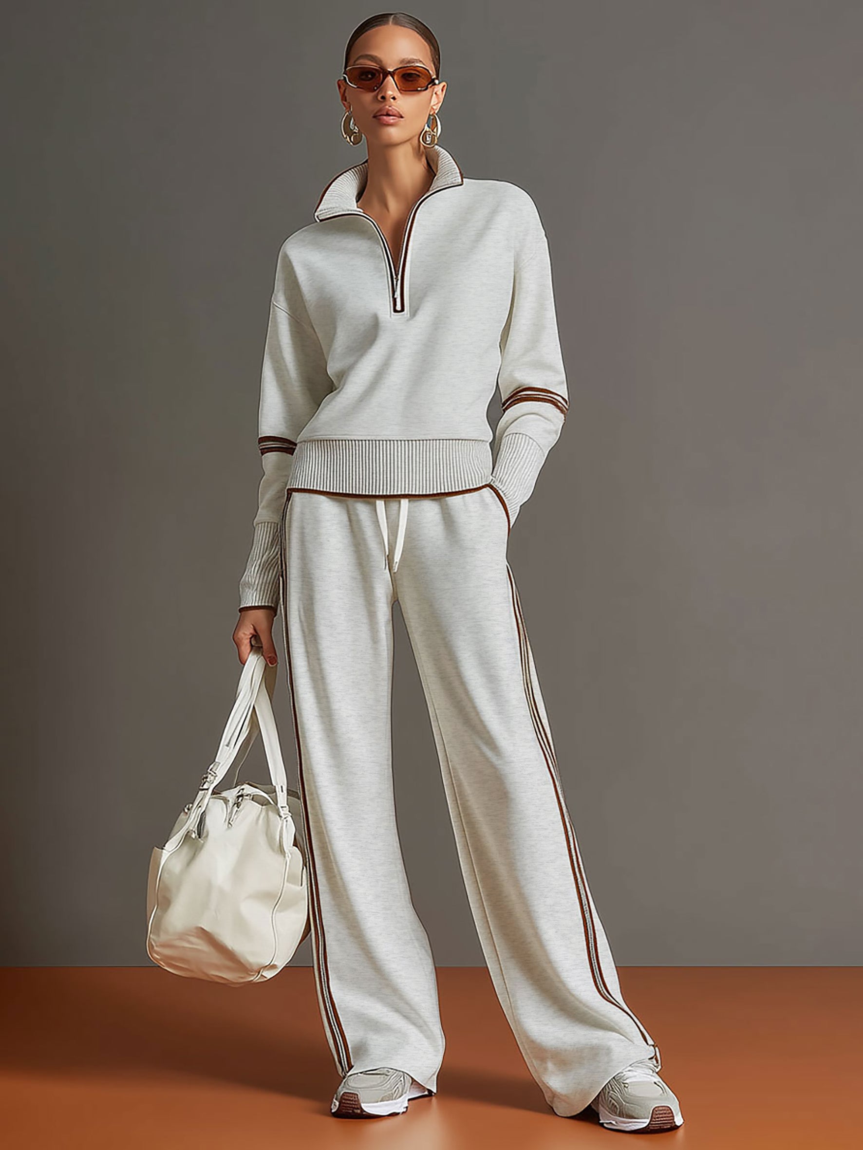 Retro Sporty Webbing Grey-white Half-zip Sweatshirt And Wide-leg Pants Set