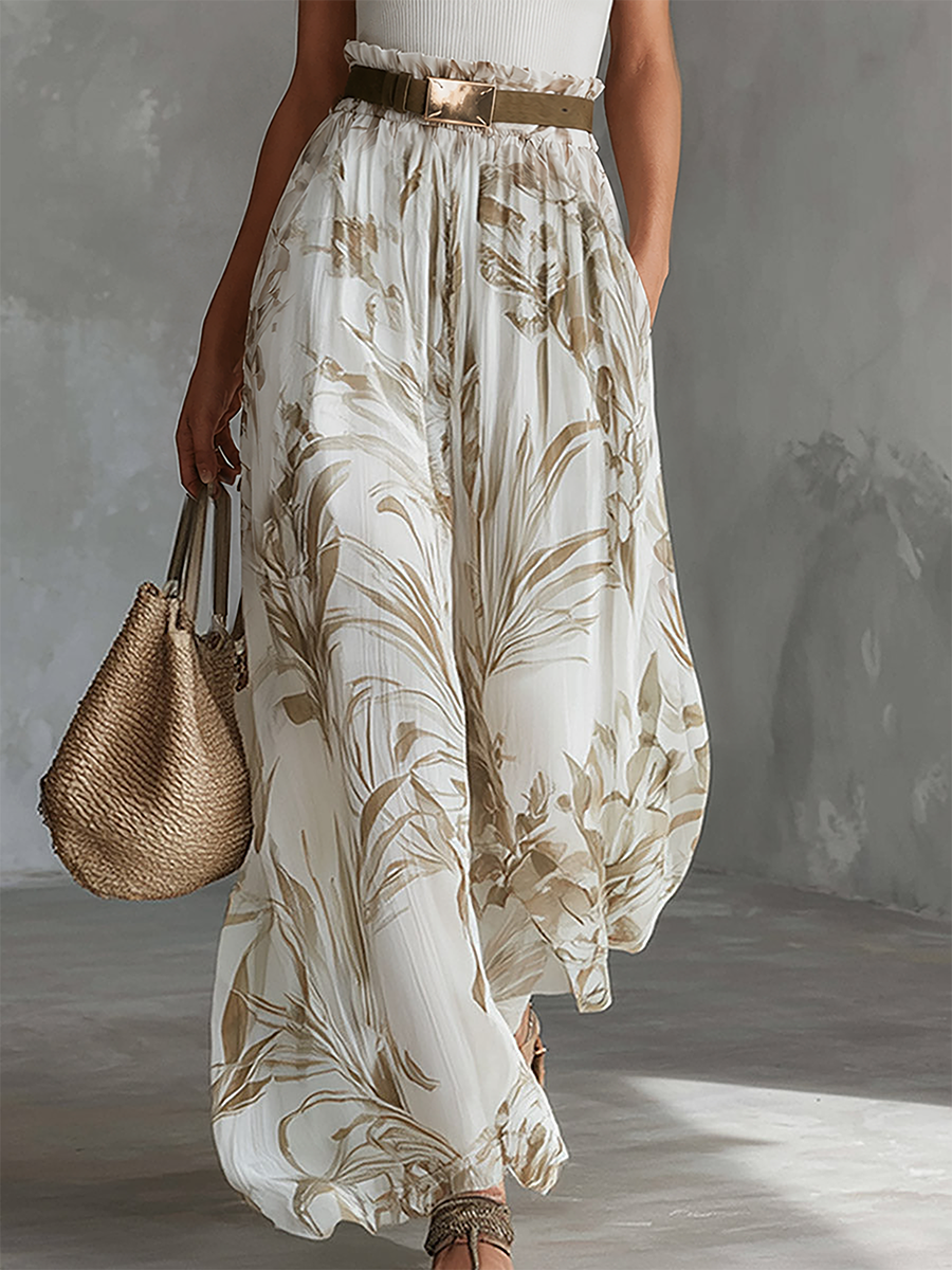 Elegant White Printed Chiffon Wide-Leg Pants