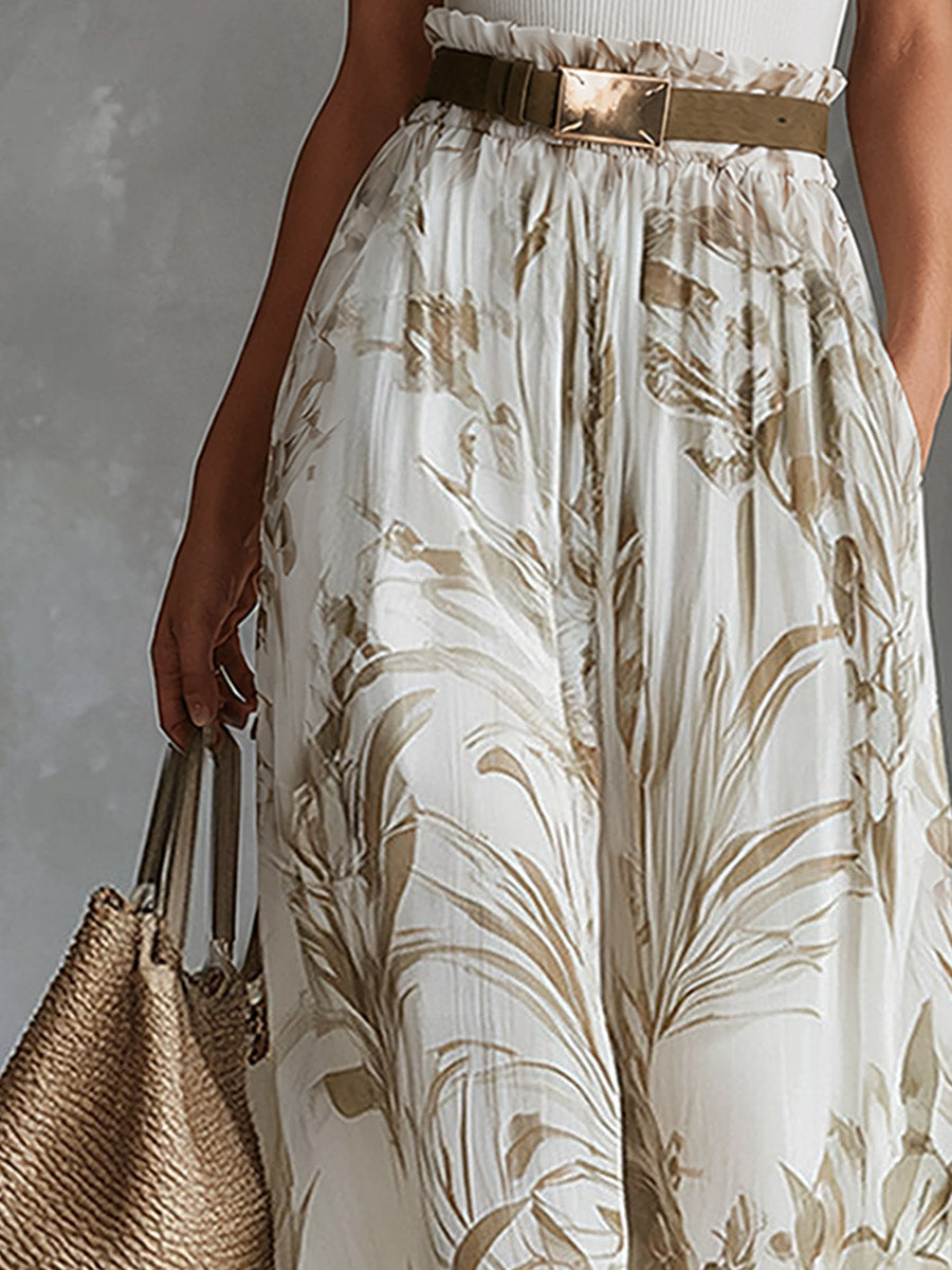 Elegant White Printed Chiffon Wide-Leg Pants