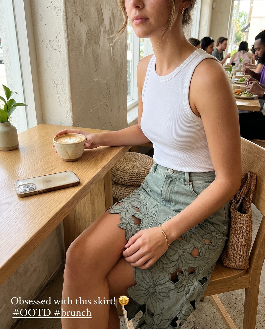 Solene Sage Floral Cutout Denim Skirt Effortless Artisan Detail With A Feminine Edge