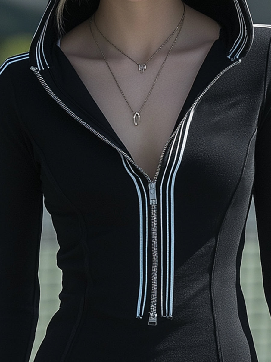 Athletic Style Hooded In Black With White Woven Tape Trim And Zipper Closure Mini Dress