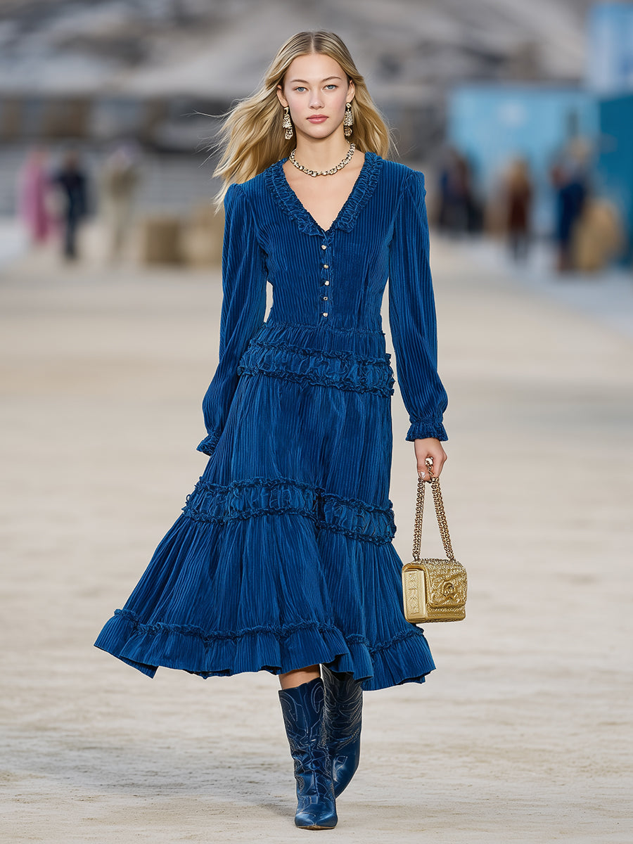 Western Corduroy V-neck Button-up Ruffle Midi Dress