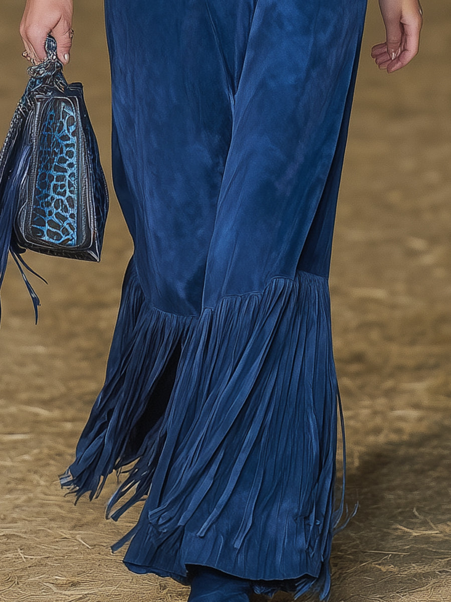 Western-style Blue Faux Suede Patchwork Leopard Print Tassel Maxi Dress