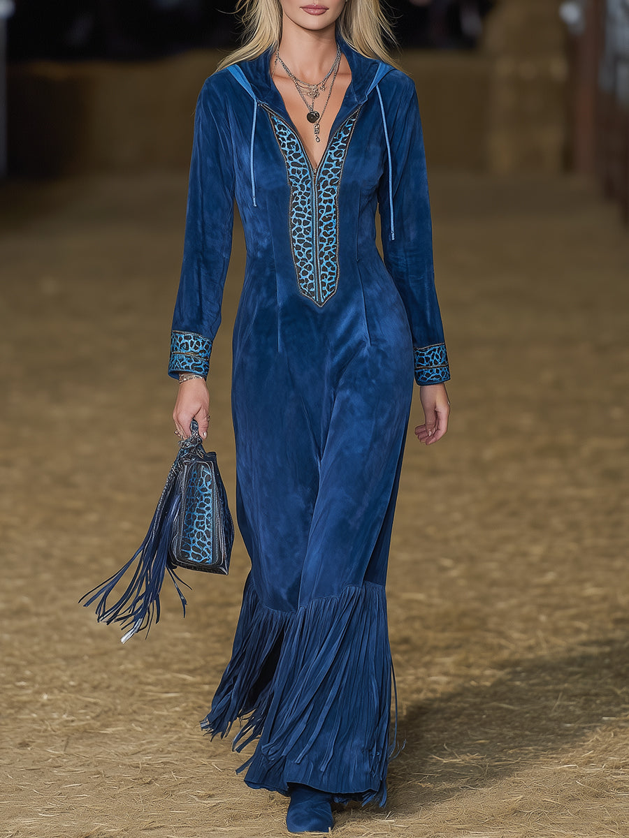 Western-style Blue Faux Suede Patchwork Leopard Print Tassel Maxi Dress