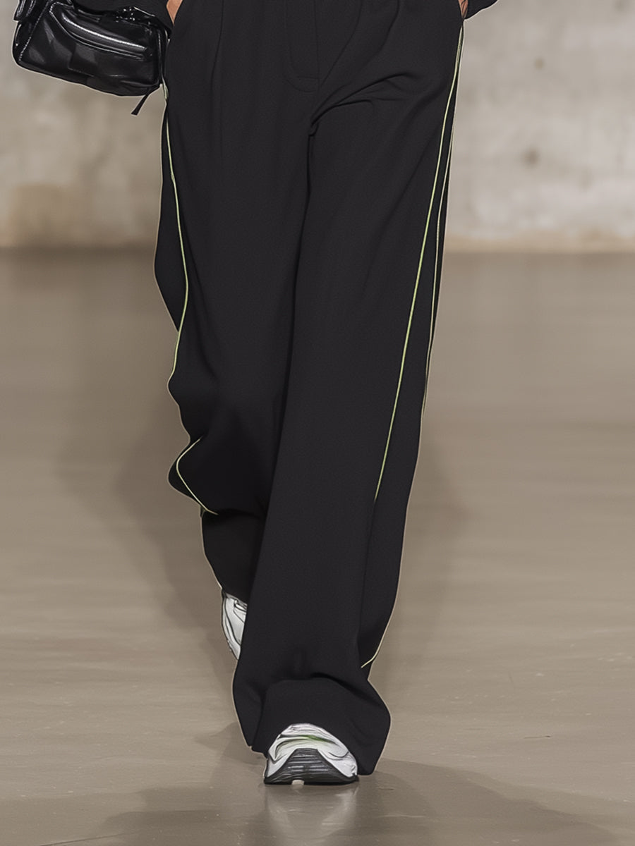 Stylish Black Pure Cotton Half-zip Sweatshirt And Wide-leg Pants Set.