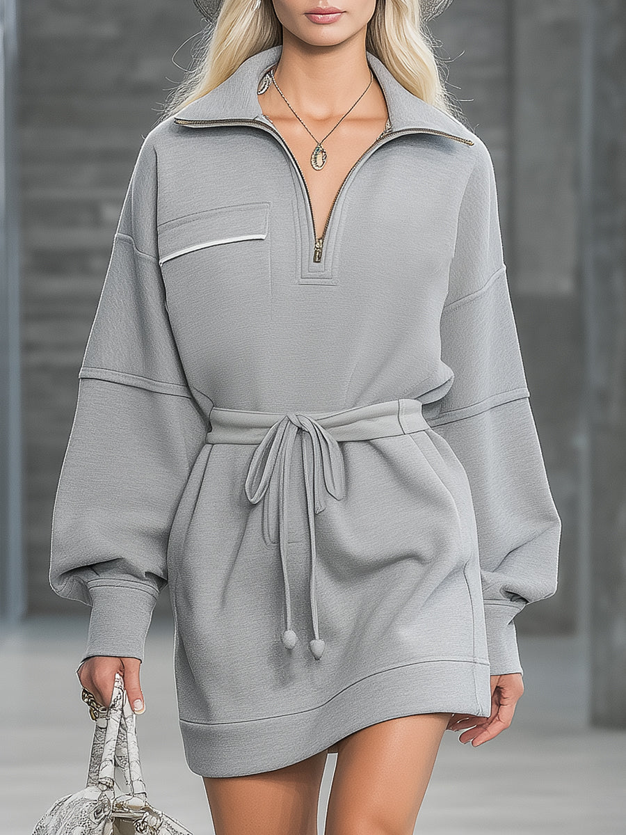 Casual Grey Sweatshirt-style With Half-zip And Elasticated Waist Mini Dress