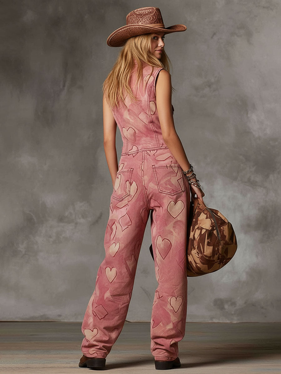 Retro Heart Print Stand-collar Zippered Faux Suede Sleeveless Jumpsuit