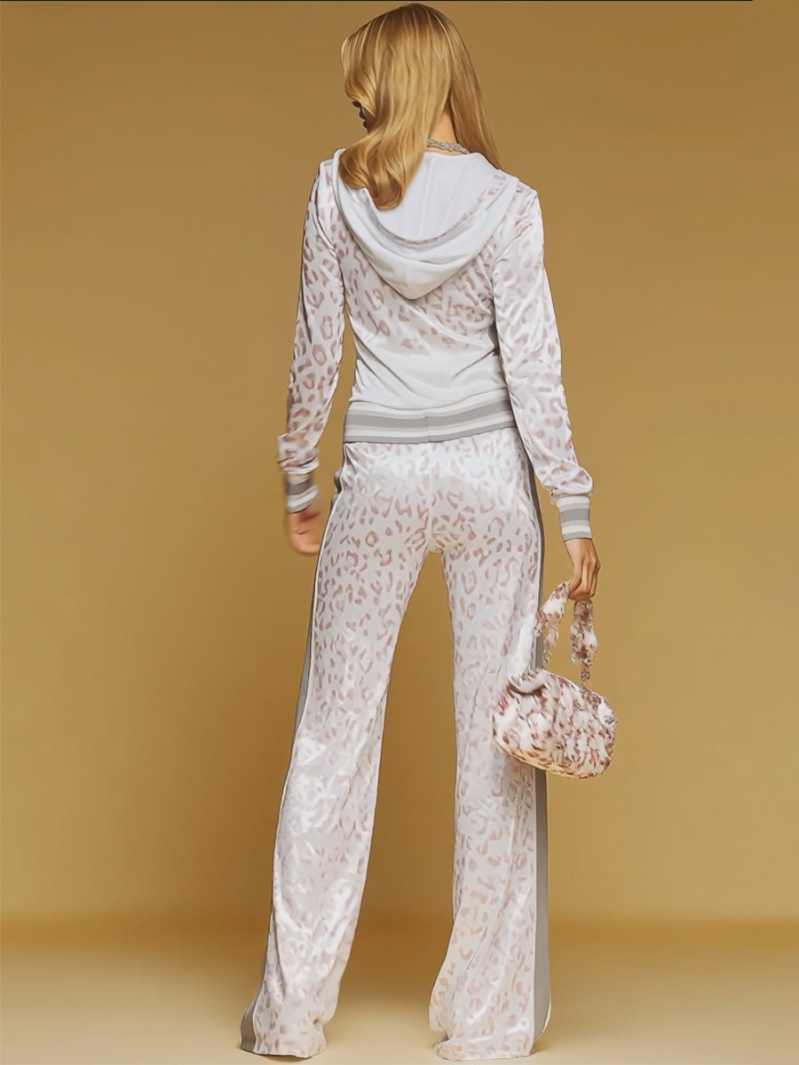 Stylish And Elegant Hooded Leopard Print Velvet Top And Flared Pants Set