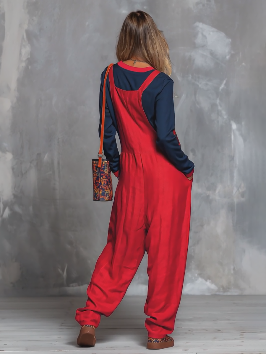 Retro Bohemian Style Color-blocked Cotton And Linen Top And Overalls Set