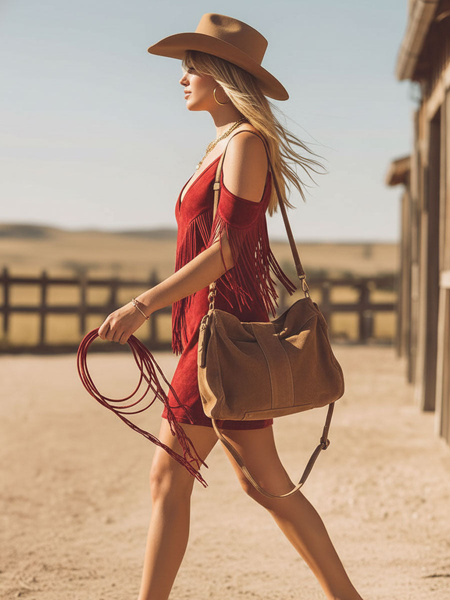Western-style V-neck Short-sleeved Fringed Faux Suede Mini Dress