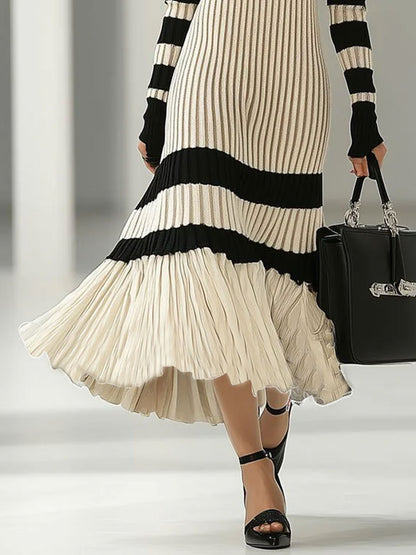 Fashion Loose Retro Black and White Striped Knitted Turtleneck Midi Dress