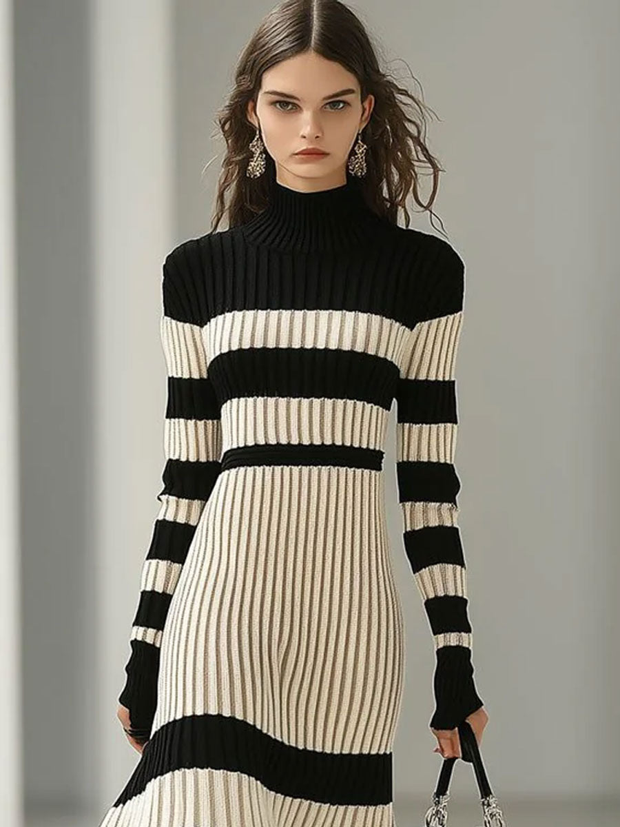 Fashion Loose Retro Black and White Striped Knitted Turtleneck Midi Dress