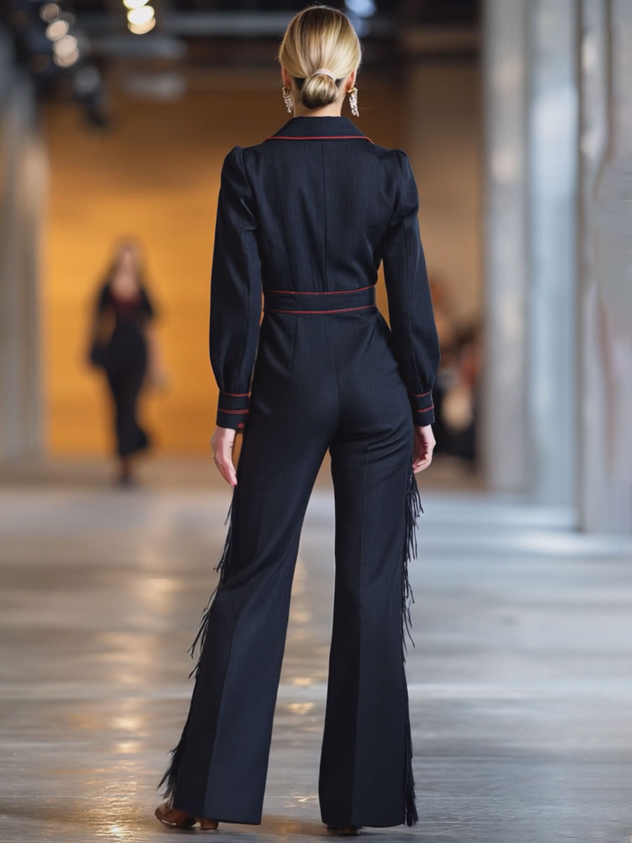 Retro Red Topstitched Navy Denim Long Sleeve Flared Tassel Jumpsuit