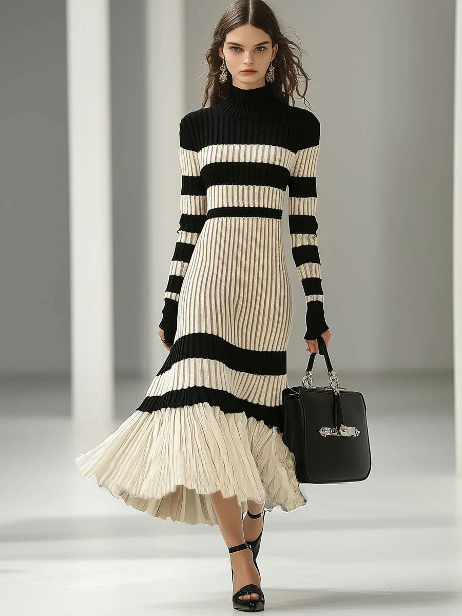 Fashion Loose Retro Black and White Striped Knitted Turtleneck Midi Dress