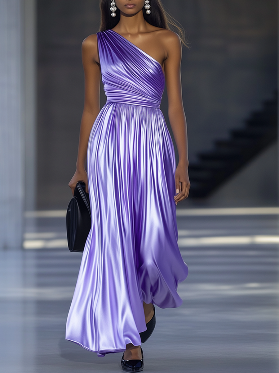 Timeless Elegance: Purple One Shoulder Full Skirt Shiny Satin Maxi Dress