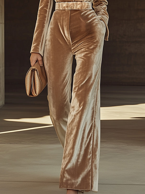 【24-hour shipping】Fashionable High-End Lapel Velvet Champagne Long-sleeved Jumpsuit