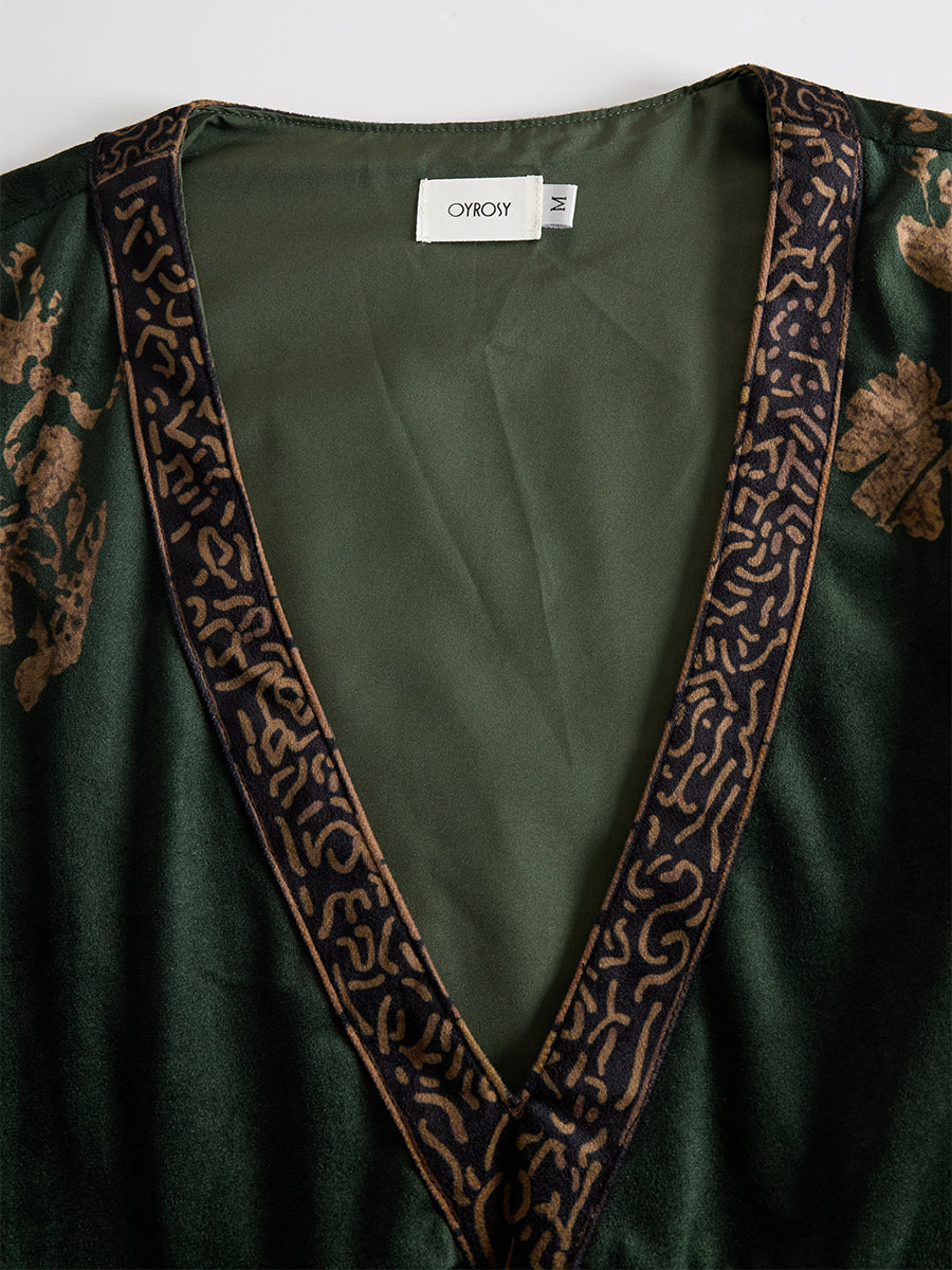 Retro Silhouette Printed Green Faux Suede Tassel Maxi Dress