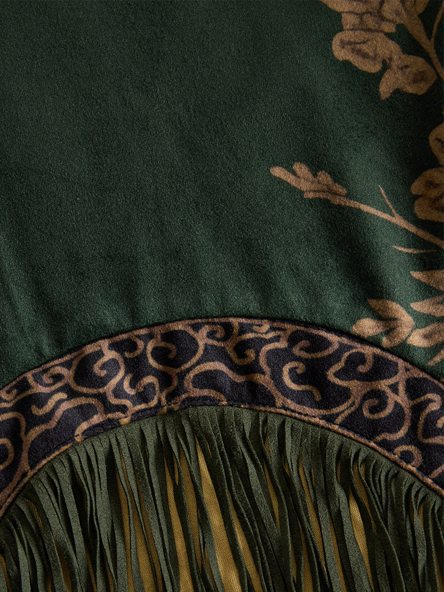 Retro Silhouette Printed Green Faux Suede Tassel Maxi Dress