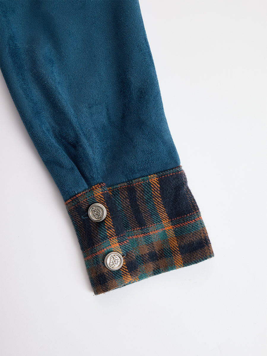 Retro Ethnic Style Belt Blue Faux Suede Plaid Maxi Dress