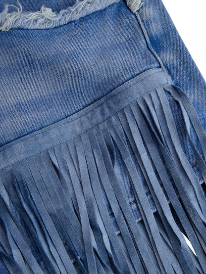 Vintage Washed Raw Edge Tassel Light Blue Denim Culottes