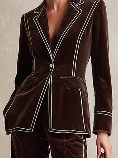 Classic Urban-style Brown Velvet Blazer With Wide-leg Trousers Suit