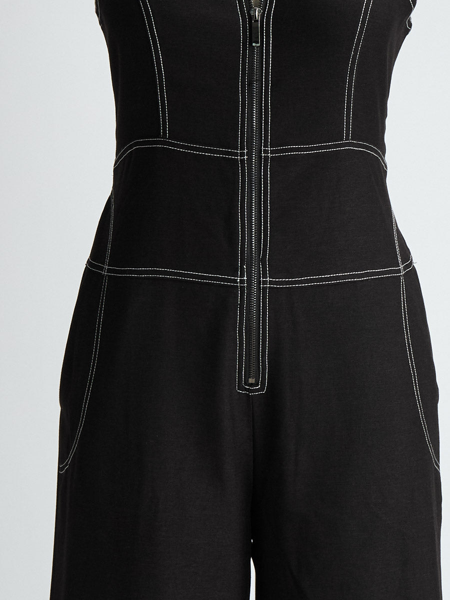 Stylish And Elegant Front-zip Black Tencel Denim Sleeveless Wide-leg Jumpsuit
