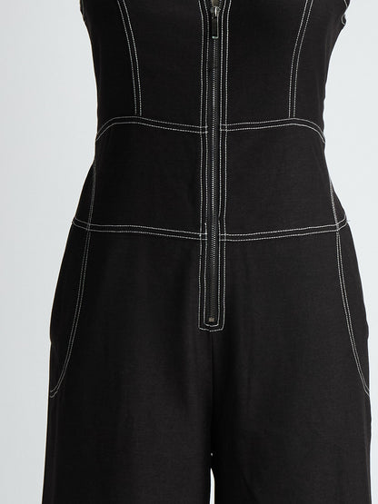 Stylish And Elegant Front-zip Black Tencel Denim Sleeveless Wide-leg Jumpsuit