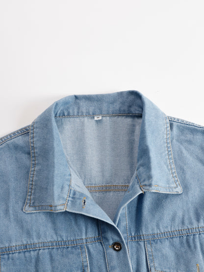 Casual Loose Vintage Denim Short Sleeve Shirt Tassel Mini Dress