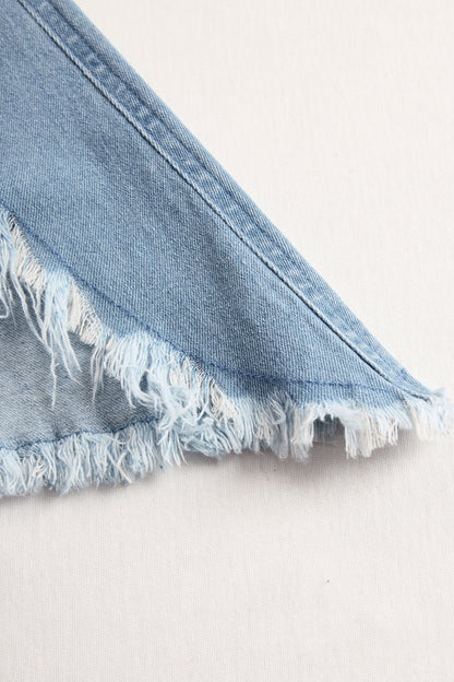 Western Retro Light Blue Denim Sleeveless Raw Edge Wide Leg Zipper Jumpsuit