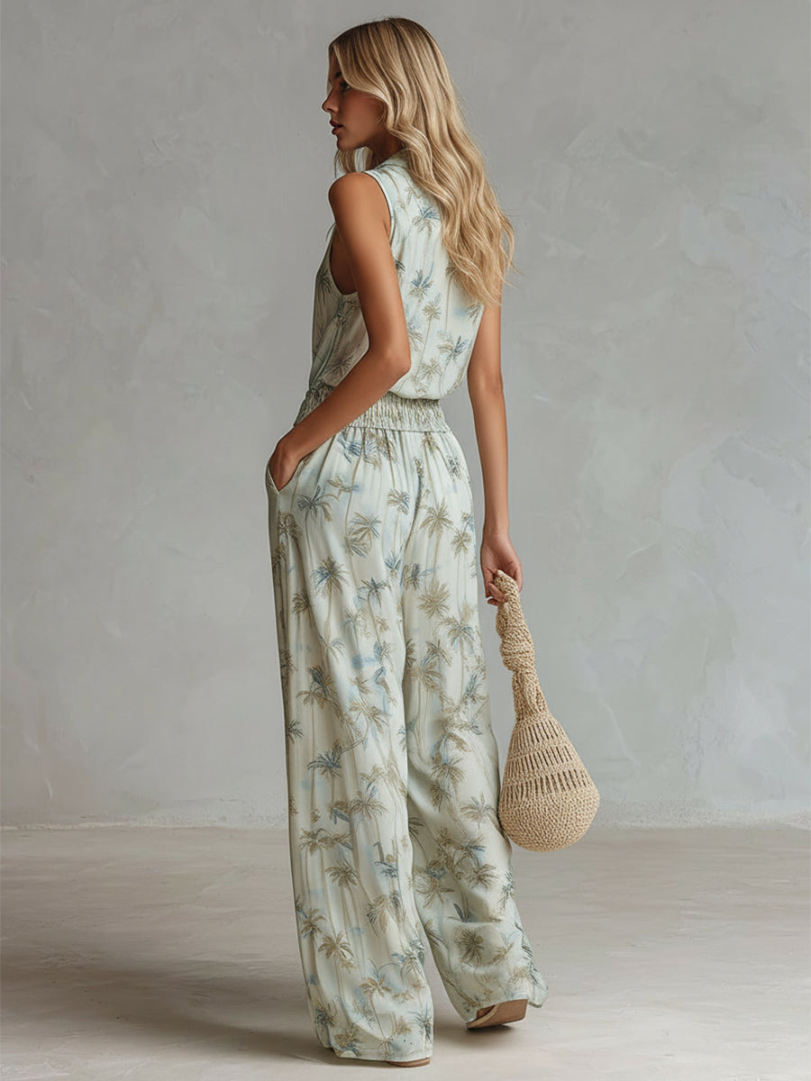 Elegant Vacation Style Light Green Chiffon Coconut Tree Printed Sleeveless Top &amp; Wide-Leg Pants Set